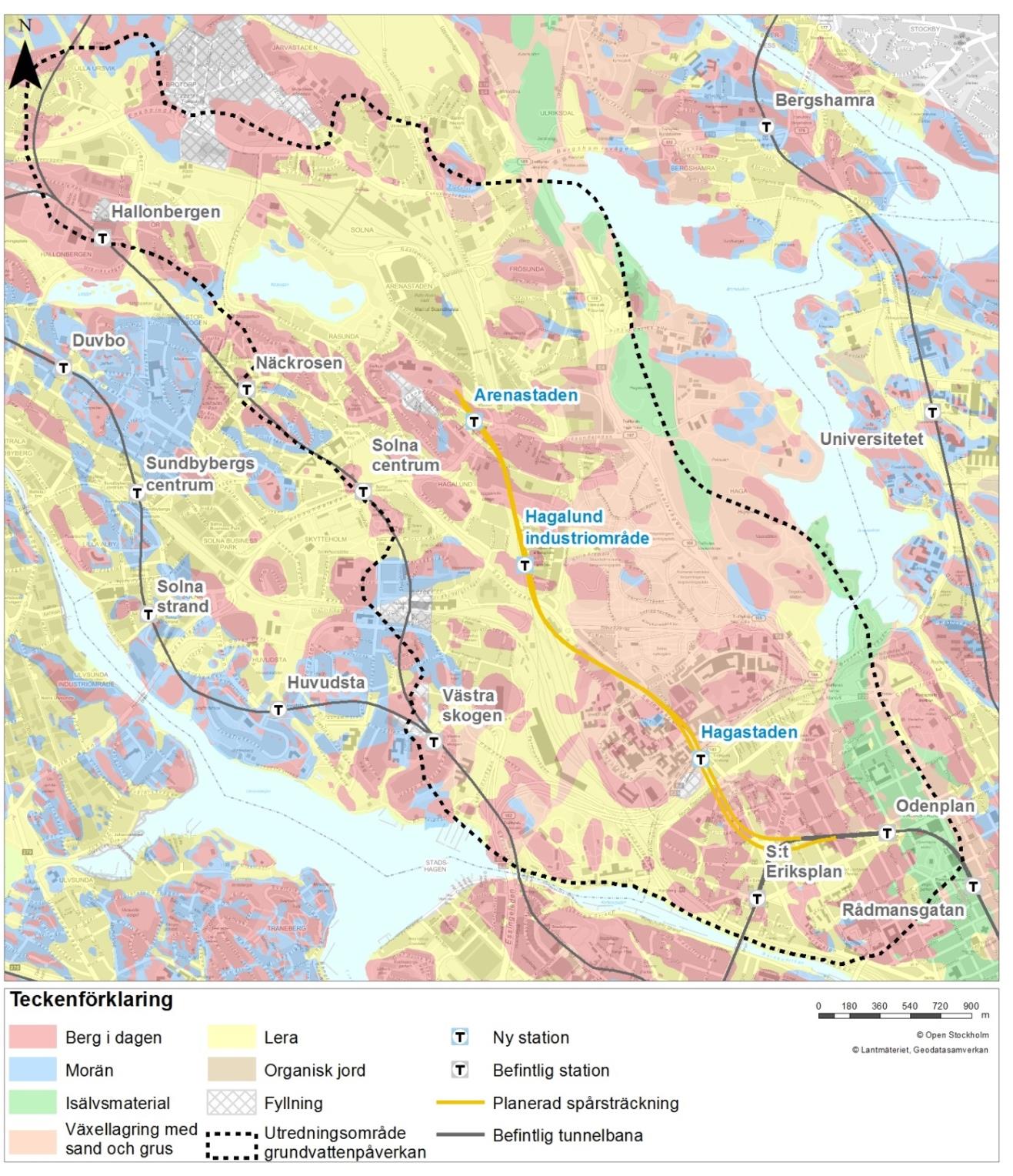 Berggrund Berggrunden inom utredningsområdet utgörs i huvudsak av gnejs och granit. Större stråk med svaghetszoner 2 förekommer längs med hela sträckningen.