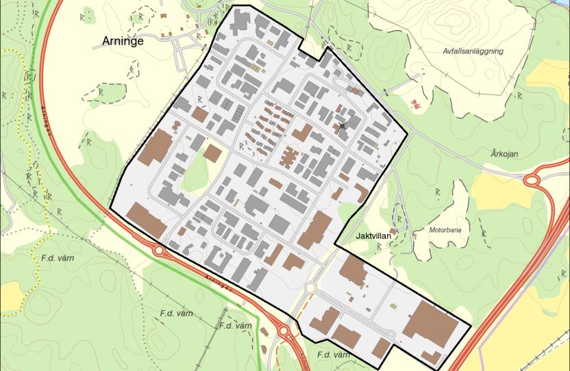 Bild 3. Arbetsplatsområde A0155 Arninge köpcentrum Källa: Avgränsning småort SCB, bakgrundskarta Lantmäteriet 2.2 Nya definitioner Alla gränser fortsätter att dras oberoende av administrativa gränser.