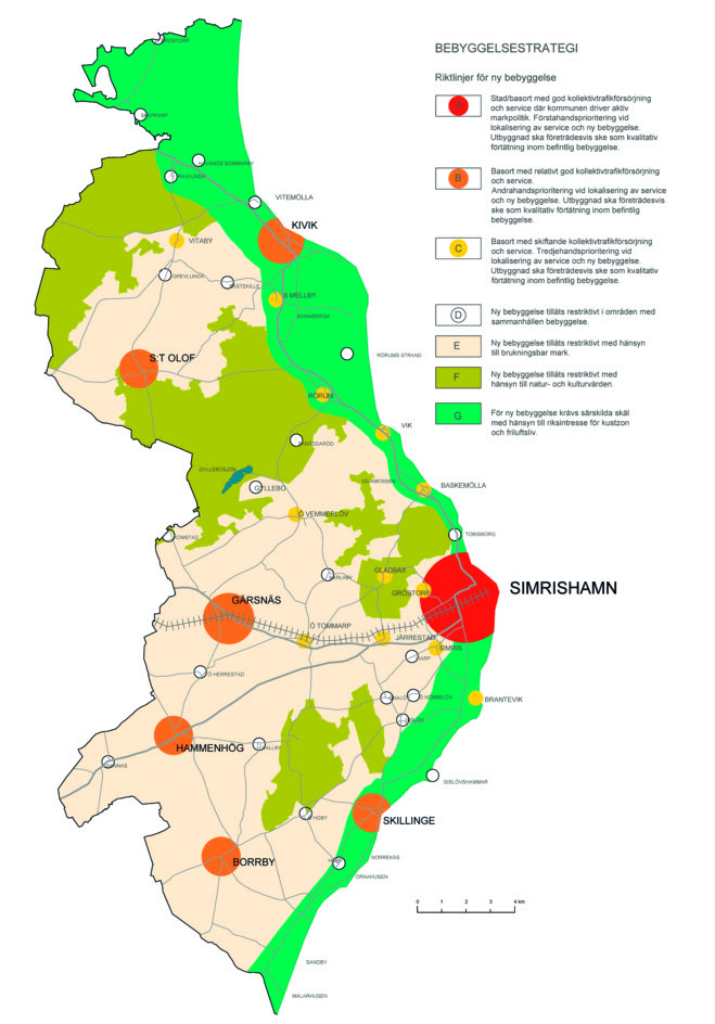 BEBYGGELSESTRATEGI Riktlinjer för ny bebyggelse A B C Stad/basort med god kollektivtrafikförsörjning och service där kommunen driver aktiv markpolitik.