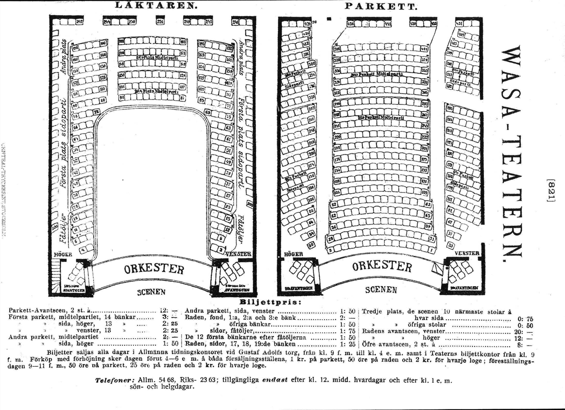 LL"" LAKTAR.EN. m ~ ~ PARKETT. SCENEN SCENEN Biljettpris: Parkett-Avantscen, 2 st. a... 12; -r- Andra parkett, sida, venster 1: 50 i Tredje plats, de scenen io närmaste stolar i.