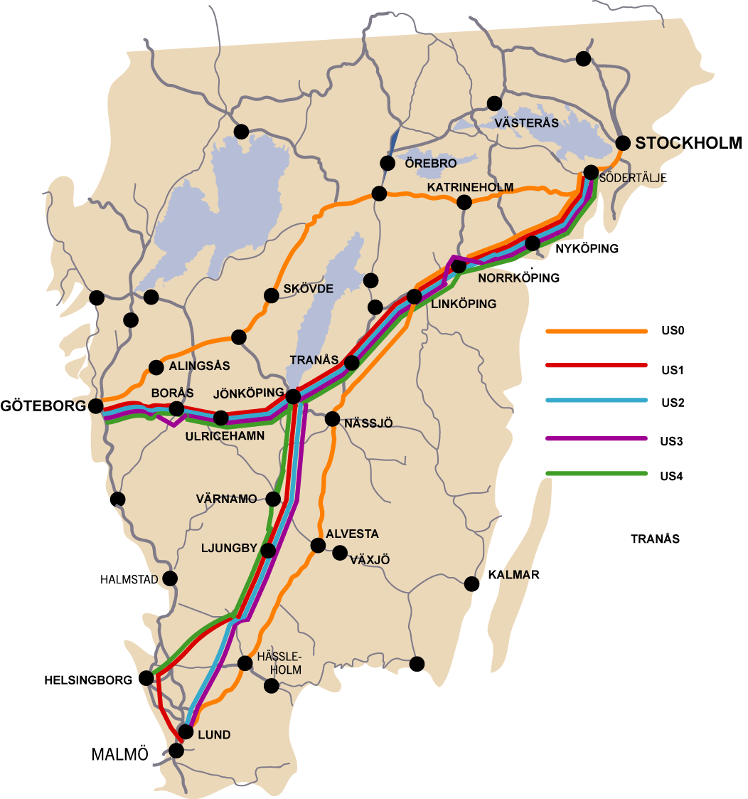 Olika varianter av höghastighet US1 motsvarar i stort SOU 2009:74 Höghastighetsbanor - ett samhällsbygge för stärkt utveckling och konkurrenskraft US2, US3,US4 är baserade på de olika koncept av