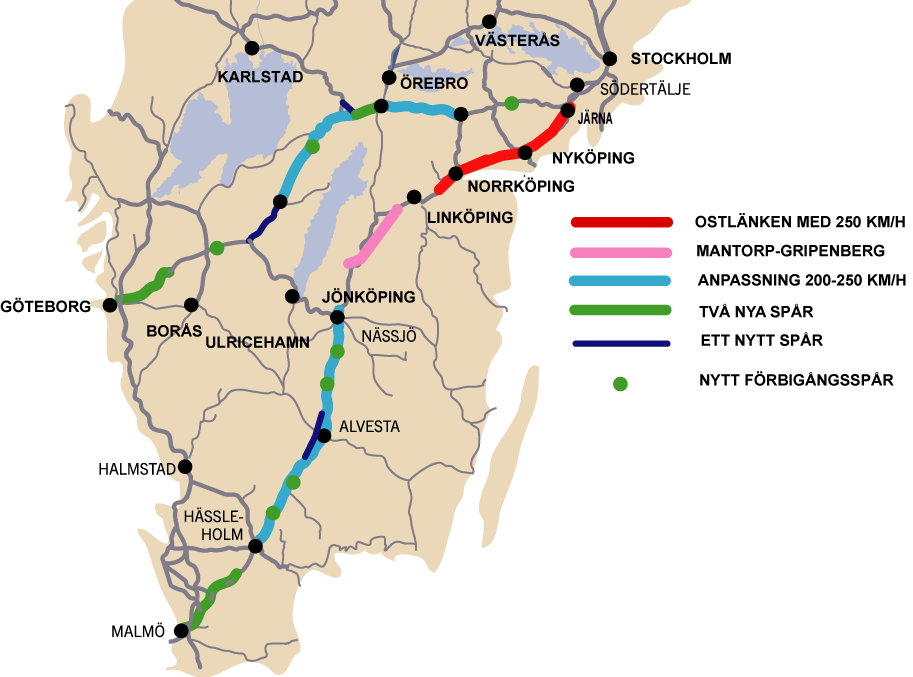 Stambanealternativet - US0 Nya sträckningar på de kurvigaste delarna 4 spår Göteborg - Alingsås och Lund - Höör 3 spår Hallsberg - Laxå, Skövde - Falköping och förbi Alvesta Med