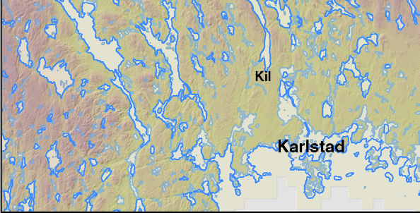 Torsby Sunne Karlstad 20 km Figur 10. Strandnivåer 6 000 år före nutid.