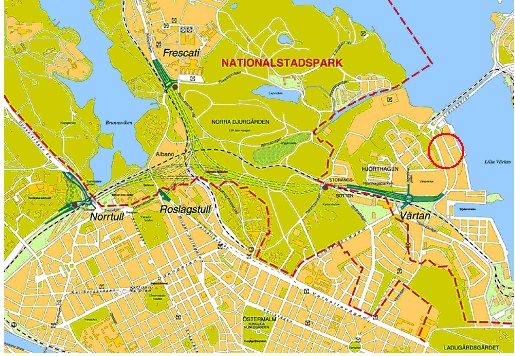 BILAGA A RAPPORT 41 (116) Figur 11 Nationalstadsparken (området för den planerade verksamheten är inringat) På gasverksområdet knappt en kilometer norr om kvarter Nimrod har en undersökning rörande