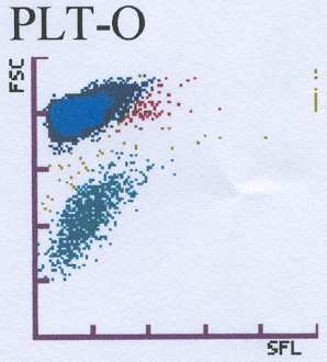 i figur 11b visar mer normalstora trombocyter som cytogrammet i figur 7a. Figur 11a hade en tydlig del stora trombocyter (gula prickar). Figur 11a. Reanalyserat PLT-O cytogram från en av de friska katterna (katt nr 13).