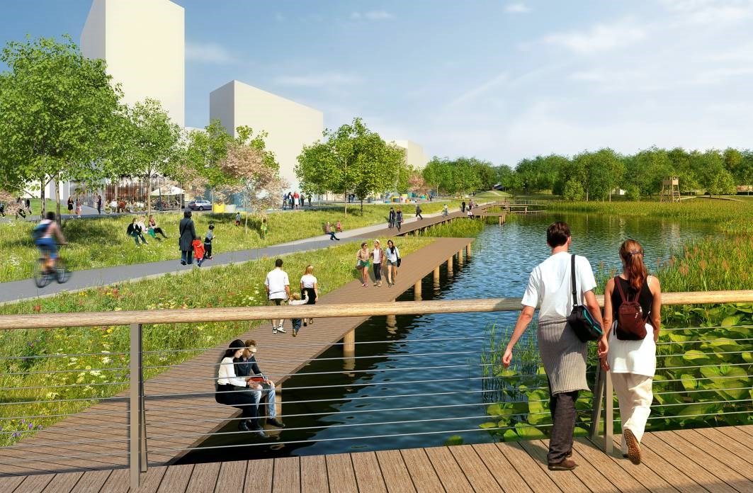 Längs parkbryggan löper Valla å. Här finns promenadstråk och sittplatser. Illustration: White arkitekter.