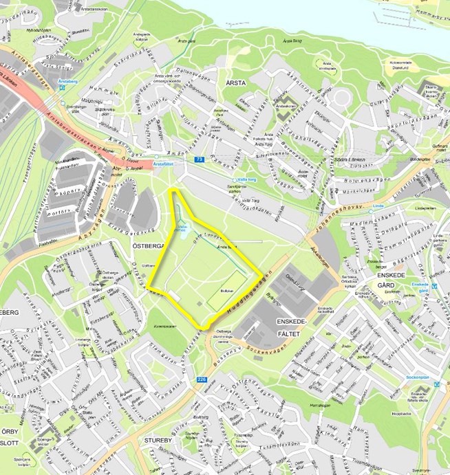 Karta med planområdet ungefärligt markerat. Förslagets syfte och huvuddrag Detaljplanen ingår i planeringen av stadsutvecklingsområdet Årstafältet.