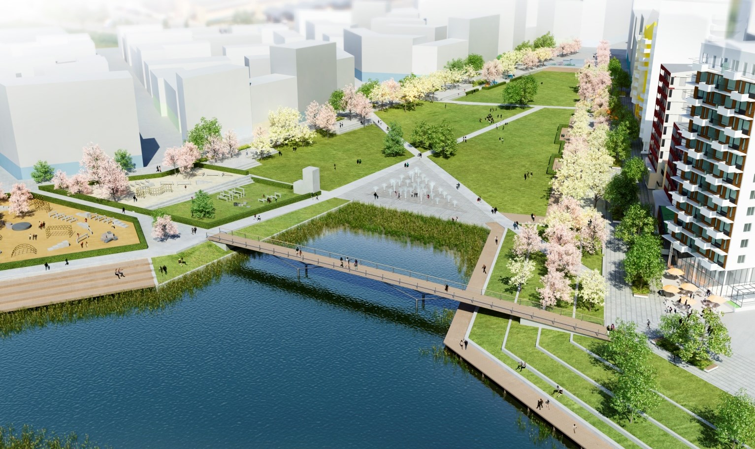 den nya bebyggelsen av en zon med varierade ytor för lek, spontanidrott, umgänge och promenader.