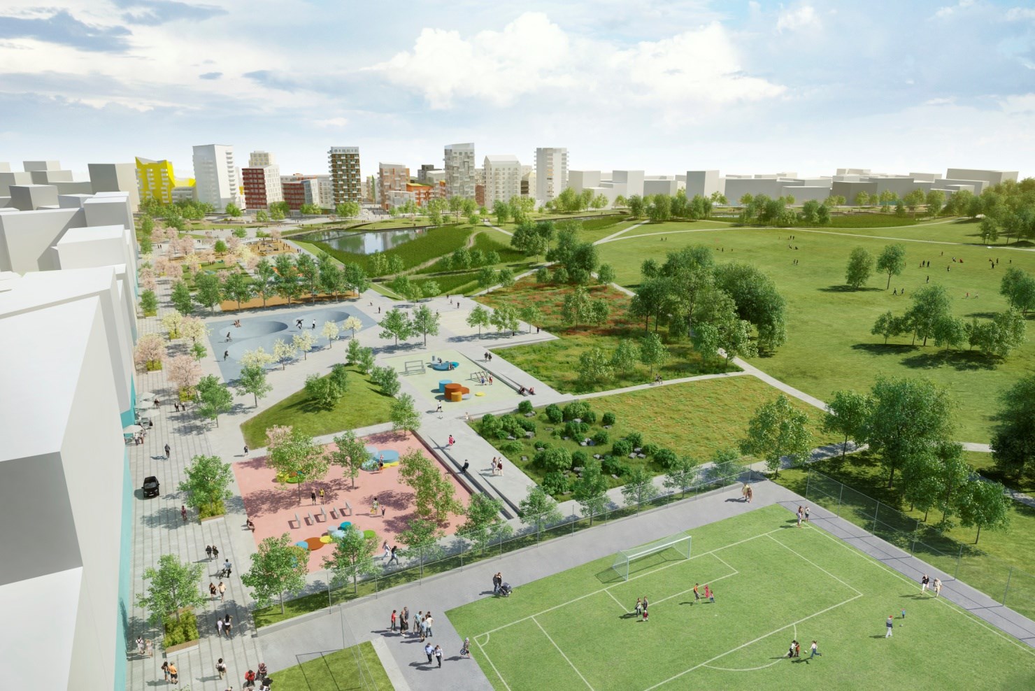 Längs parkens västra del planeras en aktivitetsbrygga med plats för lek och spontanidrott.