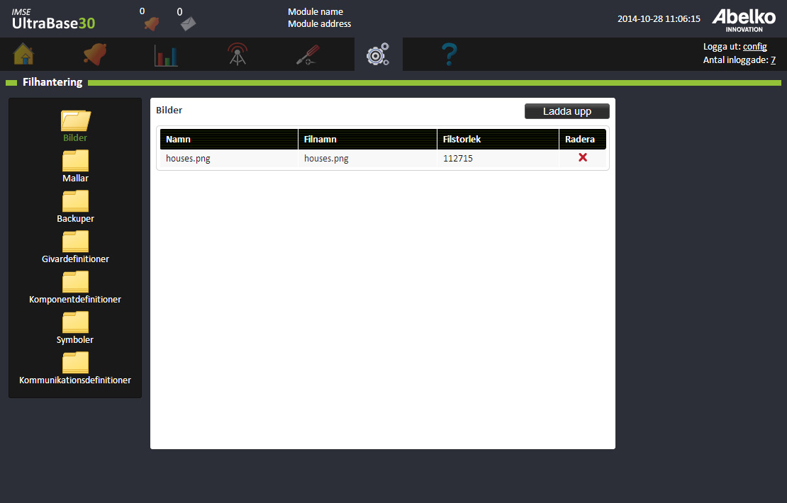 13.2 Filhantering På sidan Filhantering kan man se de filer som finns i systemet. Du laddar upp filer till systemet via de fördefinierade mapparna.