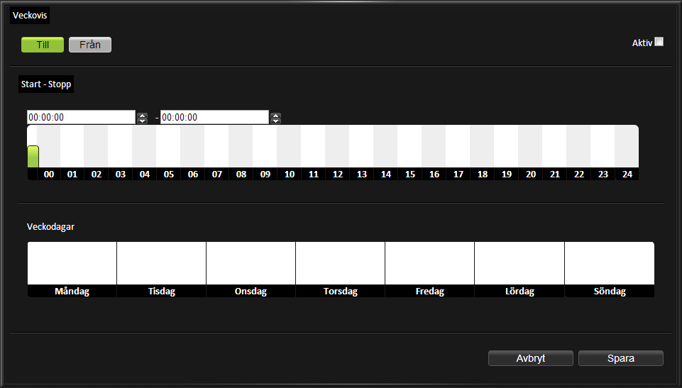 Veckovis Denna typ används när du vill att något ska upprepas veckovis. 1. Välj om regeln ska aktivera (Till) eller inaktivera (Från) objekt. 2.