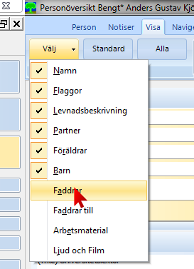 Personöversikt - Visa Normalt visas standard paneler Klicka på Alla för att välja alla paneler Klicka på Välj för att
