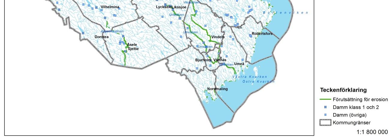 Figur 15. Sträckor längs med kust och vattendrag i Västerbottens län med förutsättningar för erosion (SGI 2011) 5.
