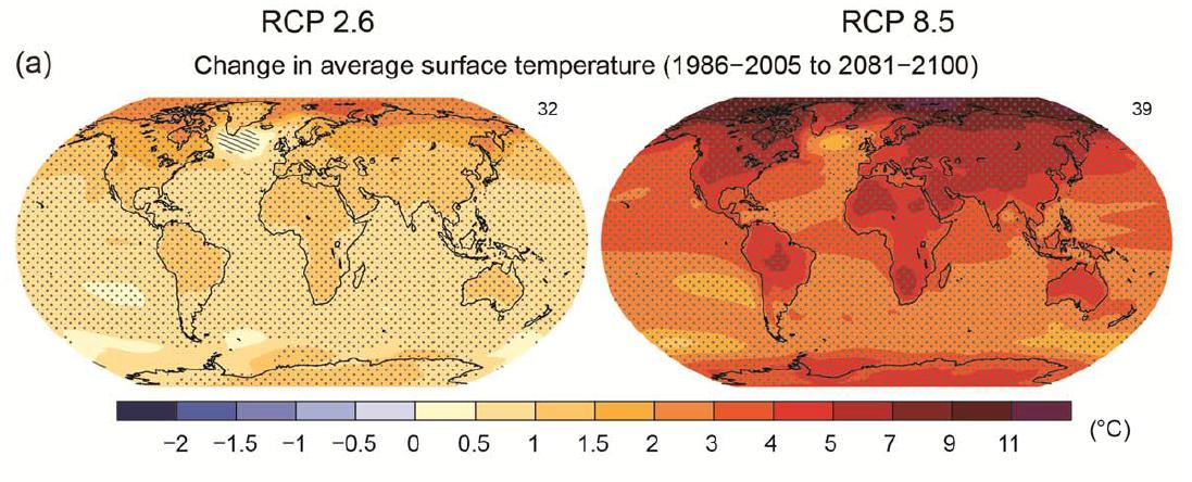 Den globala temperaturökningen fördelar sig inte jämnt över jorden. Den största temperaturökningen förväntas bli närmast nordpolen (IPCC 2013), se Figur 3.