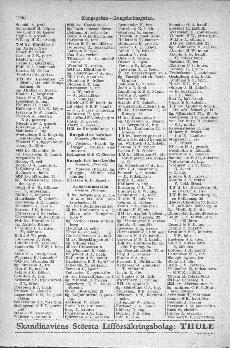 1240 Kungsgatan -Kungsholmsgatan. Stendal S, prok. ' 8S kv, Härolden 33 Sucksdortt H, köpm. äg. Luth. missons.fören. Söderlund E, kassör Bohman A, red. sekr. Uggla C, grossh. Bolte 's D E, byggn.ing.