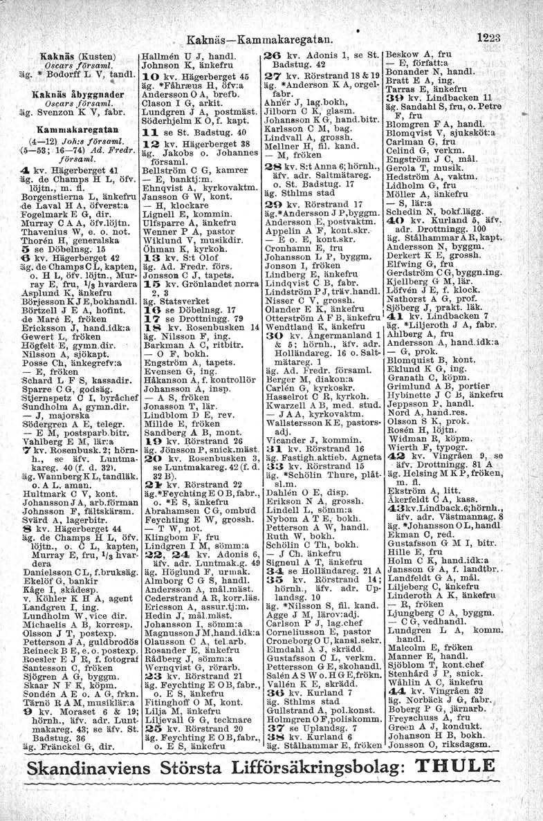 -I' I. Kaknäs (Kusten) Haflmen U J, hand!. 08car~ I~rsaml. ägt ~rbodorff L Y, ~a:pdl. ~aklläs åb):gg.nader Oscars församt. 'äg. Svenzon K V, fabr. l. Kaknäs~Kammakaregatan. 1223 p.' 26 kv.