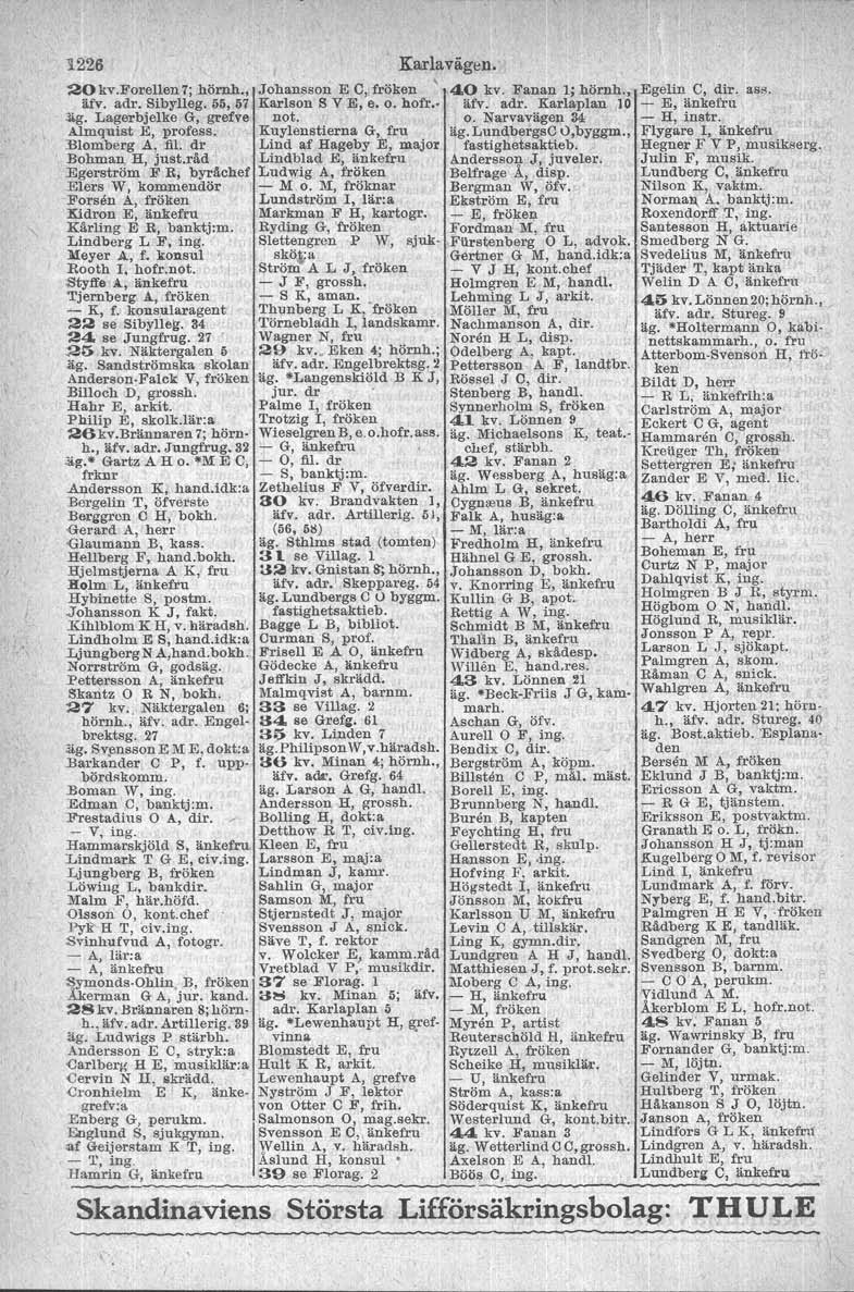 1226 Karlavägen. 20kv.Forellen 7; hörnh., Johansson E C, fröken ' 40 kv. Fanan l; hörnh., Egelin C, dtr. ass. äfv. adr, Sibylleg. 55, 57 Karlson S V E, e. o. hofrv- äfv. adr. Karlaplan lo - E, änkefru :äg.