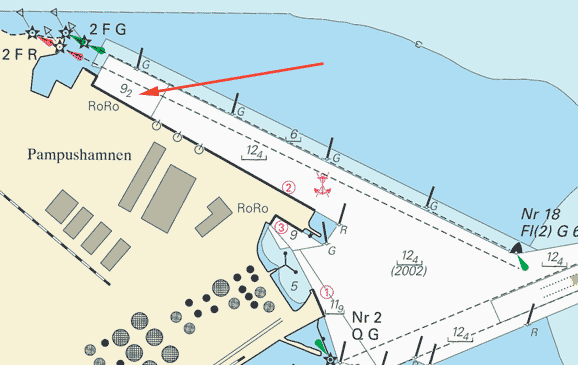 9 Nr 170 * 4242 Sjökort/Chart: 6212 Sverige. Norra Östersjön. Norrköping. Pampushamnen. Kaj förlängd. Nytt roroläge.