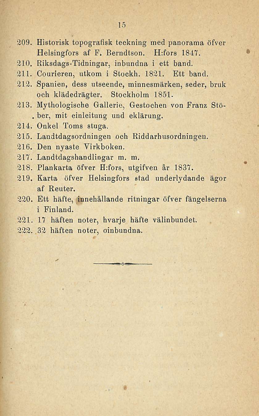 . ber, 15 309. Historisk topografisk teckning med panorama öfver Helsingfors af F. Berndtson. H;fors 1847. 310. Riksdags-Tidningar, inbundna i ett band. 311. Courieren, utkom i Stoekh. 1831. Ett band.