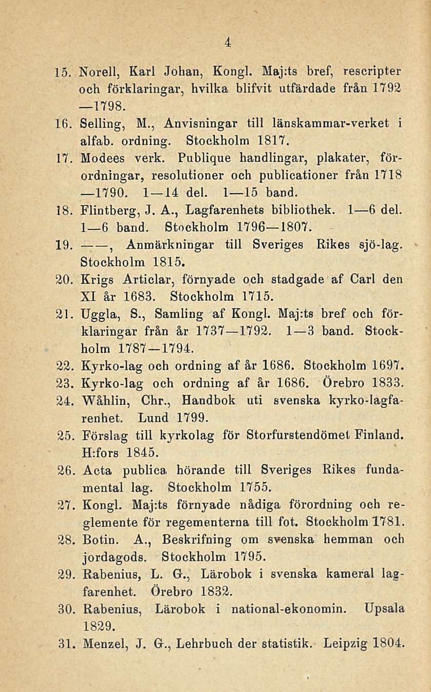 4 15. Norell, Karl Johan, Kongi. Maj:ts bref, rescripter ooh förklaringar, hvilka blifvit utfärdade från 1792 1798. 16. Selling, M., Anvisningar tili länskammar-verket i alfab. ordning.