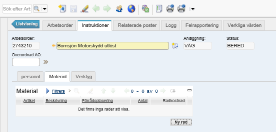 RUTINBESKRIVNING MAXIMO 22 (76) Rutinbeskrivning Materialbudgetering Rutinen används när planerat material och/eller materialkostnad för ett arbete ska registreras på en arbetsorder.