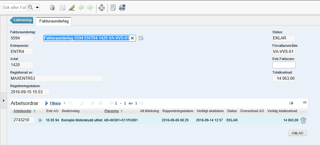 RUTINBESKRIVNING MAXIMO 61 (76) Arbetssteg, Flik Fakturaunderlag 1 Välj AO Använd ikonen Välj AO i de all fler arbetsorder ska kopplas till fakturaunderlaget. Arbeta på samma sätt som i punkt 2 ovan.