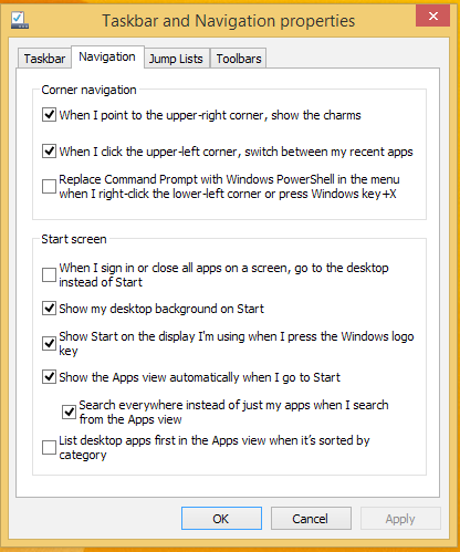 Anpassa din Start-skärm Windows 8.1 ger dig också möjlighet att anpassa din Start-skärm screen, vilket ger dig möjlighet att starta omskrivbordsläget direkt och anpassa apparnas ordning på skärmen.