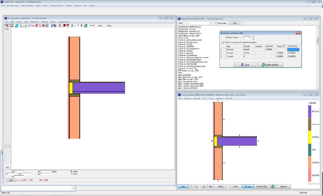 I programmets materiallista skapas nya material med egenskaper ur tabell 2. Material med respektive egenskaper tilldelas de motsvarande ytorna i modellen. Se figur 8.