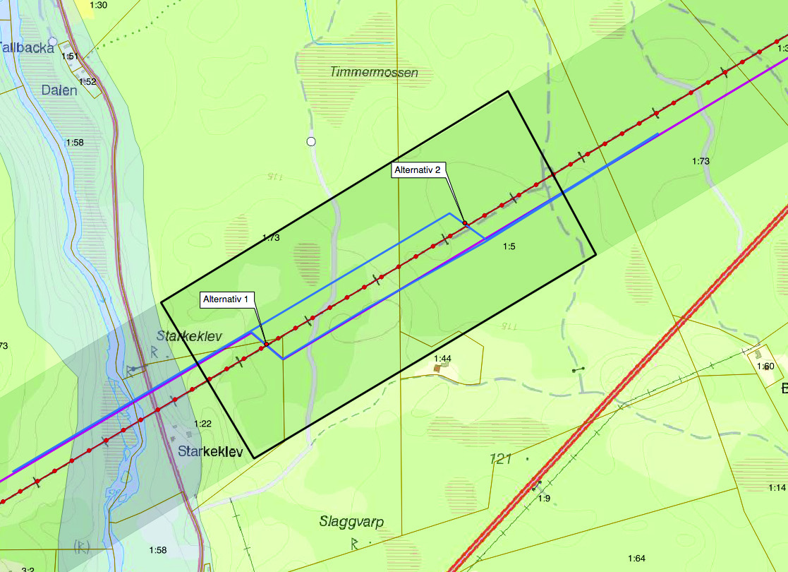 4 Alternativa ledningssträckningar Starkeklev I Figur 1 redovisas utredningskorridoren vid Starkeklev med ursprungligt alternativ (alternativ 1) samt ett nytt korsningsalternativ (alternativ 2) som