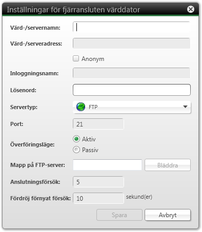 Översikt över alternativ i Nero BackItUp 4. Ange ett namn för anslutningen i inmatningsfältet Värd/Servernamn. Inställningar för fjärransluten värddator 5.