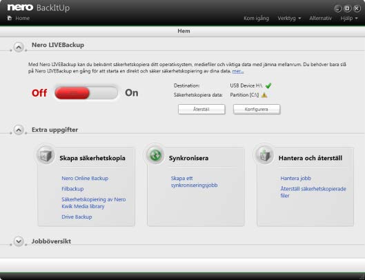 Användargränssnitt 2 Användargränssnitt Användargränssnittet för Nero BackItUp är startpunkten för att använda Nero LIVEBackupfunktionen och för säkerhetskopieringar, återställningar,