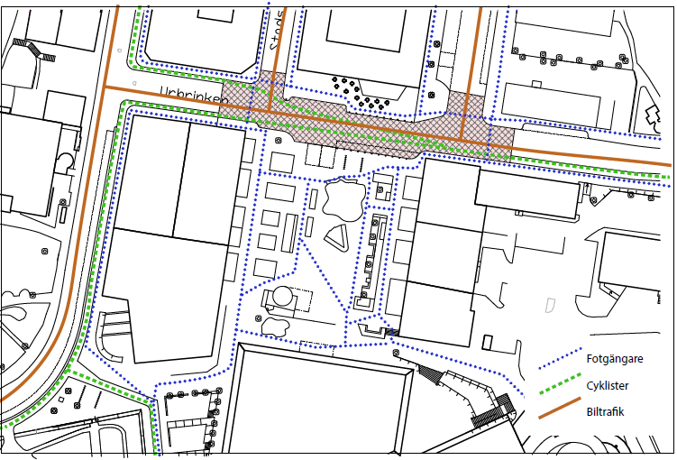 Förslag på trafikflöden med omdragen cykelbana och shared space.