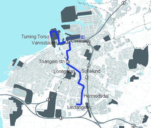 Figur 16 En alternativ linjesträckning för en första linje mellan Lindängen och Västra Hamnen (Turning Torso) via Sofielund och Lönngatan den) kan det vara intressant med spårväg enligt detta