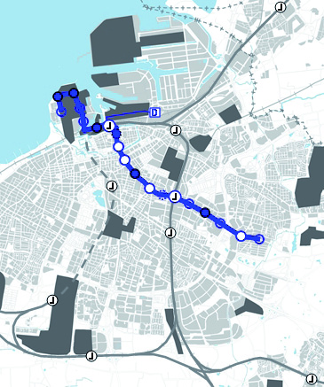 Rosengård-Västra Hamnen Resultatet av analyserna framgår av Figur 28 med tillhörande lista. Kartan visar lämplig hållplatslokalisering för den förordade linjen mellan Rosengård och Västra Hamnen.