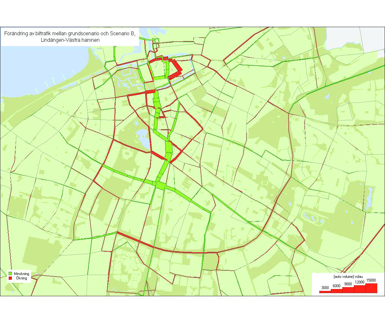 Figur 35 Hur biltrafiken påverkas när kapaciteten i gatunätet schablonmässigt halveras, i de gator där den prioriterade kollektivtrafiken dras fram på egna körfält, på sträckan mellan och Lindängen