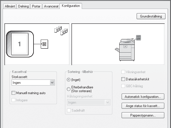 INSTALLERA SKRIVARDRIVRUTINEN / PC-FAX-DRIVRUTINEN KONFIGURERA SKRIVARDRIVRUTINEN FÖR DE TILLVAL SOM ÄR INSTALLERADE I MASKINEN När du har installerat skrivardrivrutinen måste du konfigurera