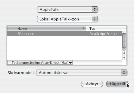 2.8, v10.3.9 SCxxxxxx (1) (2) (1) (2) (3) SCxxxxxx (4) SHARP MX-xxxx PPD (1) Klicka på ikonen [Förvald bläddrare]. Om flera AppleTalk-zoner visas markerar du den zon som innehåller skrivaren på menyn.