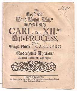 Om arméns hästar. Kongl. maj:ts Förordning, Om Hästarnes Underhåld, Sommarmånaderne öfwer, ifrån den 15. Maij nästkommande, til den 1. Octob. Henrik Werner, Stockholm, 1717. Tagen ur band. 4 sidor.