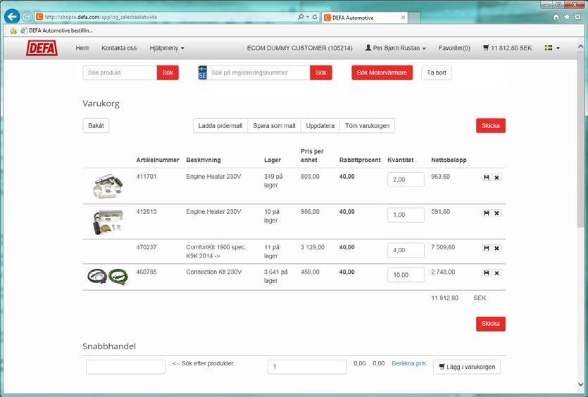 DEFA Beställningsportal - Varukorg När du valt att gå till varukorgen Varukorgen Om du för muspekaren över varukorgen får du upp en översikt över de produkter du lagt där för beställning.