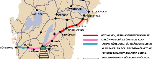 Götalandsbanan Utformning Götalandsbanan kommer att bli en ny stambana mellan Stockholm och Göteborg via Norrköping, Linköping, Jönköping och Borås.