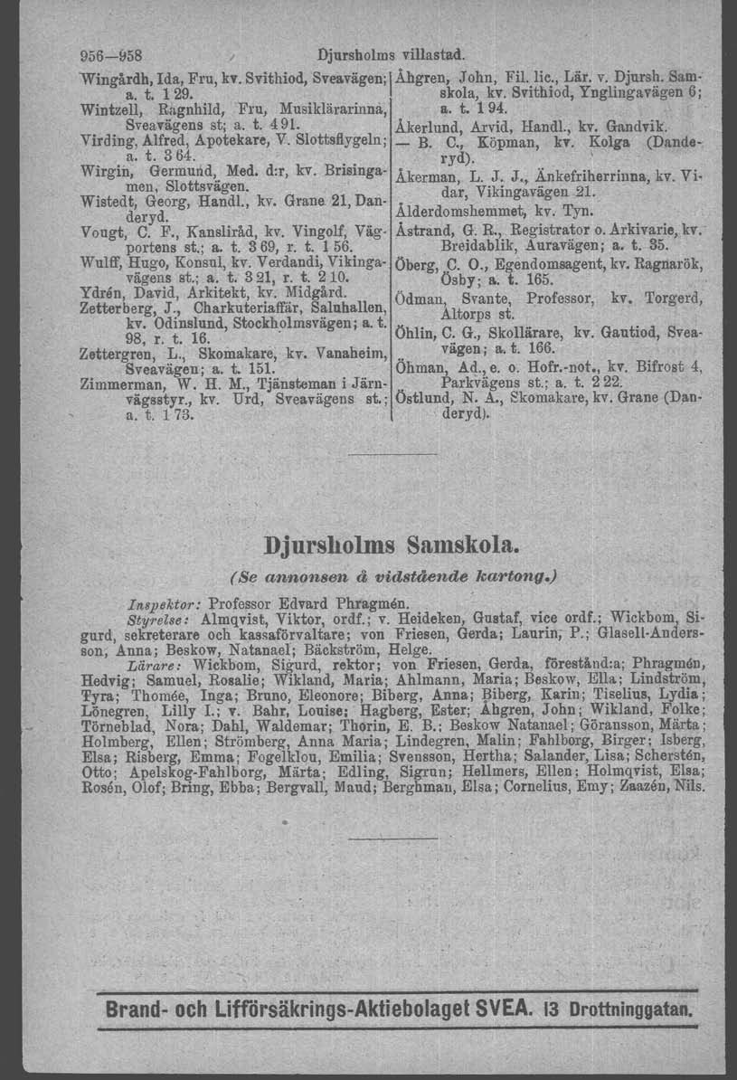 956-fJ58 Djursholms villastad. Wingårdh, Ida, Fru, kv. Svithiod, Sveavägen; 1Åhgren, John, Fil. lic., Lär. v. Djursh. Sama. t. 129. skola, kv.