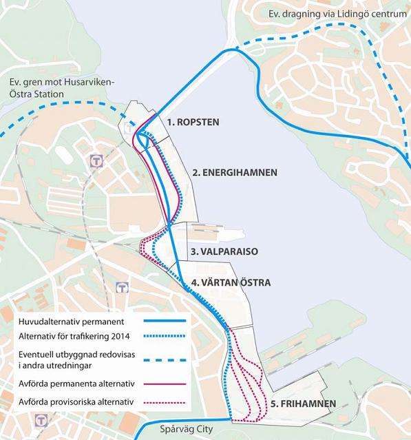 na. Linjesträckningen presenteras uppdelad på fem delsträckor, för vilka en slutsträckning redovisas. Även förslag till provisorisk sträckning som möjliggör trafikering till år 2014 presenteras.