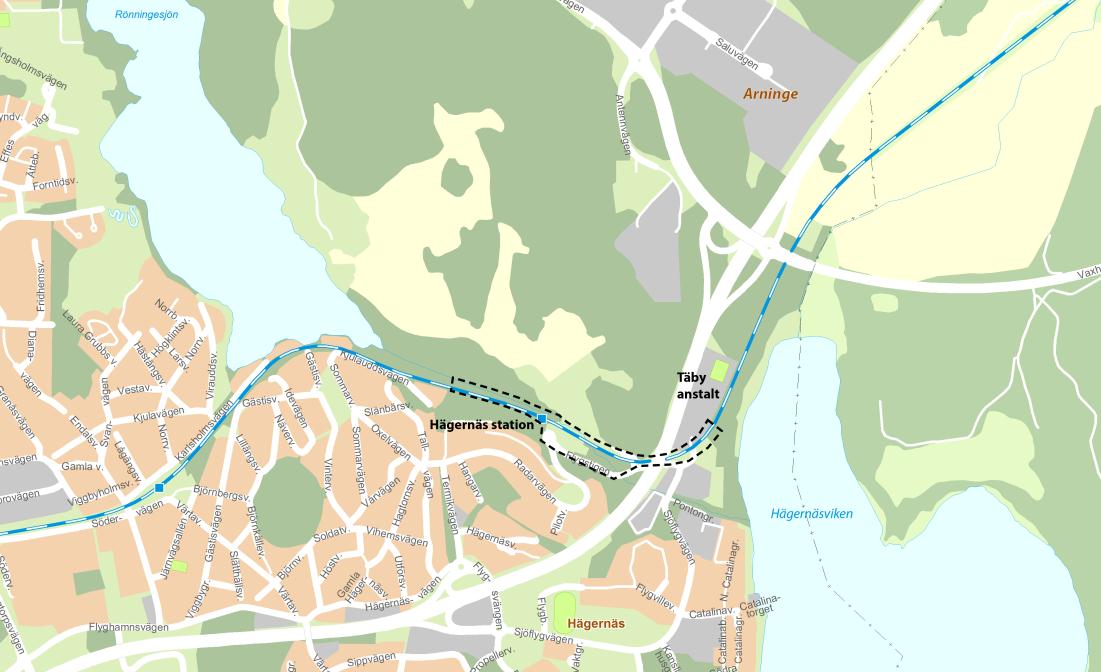 4(24) PLANDATA Lägesbestämning Planområdet stäcker sig från Hägernäs station i väster till Täby anstalt i öster. Areal Den aktuella sträckan är cirka 800 m lång. Planområdet omfattar cirka 4 hektar.