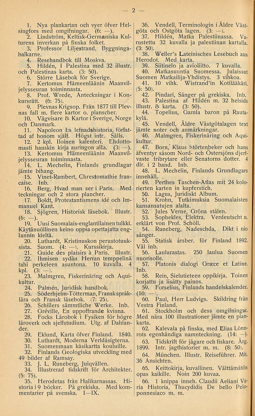 1. Nya plankartan och vyer öfver Helsingfors med omgifningar. (6: ). 2. Lindström, Keltisk-Germaniska Kulturens inverkan på finska folket. 3. Professor Liljestrand, Byggningabalkarne. 4.