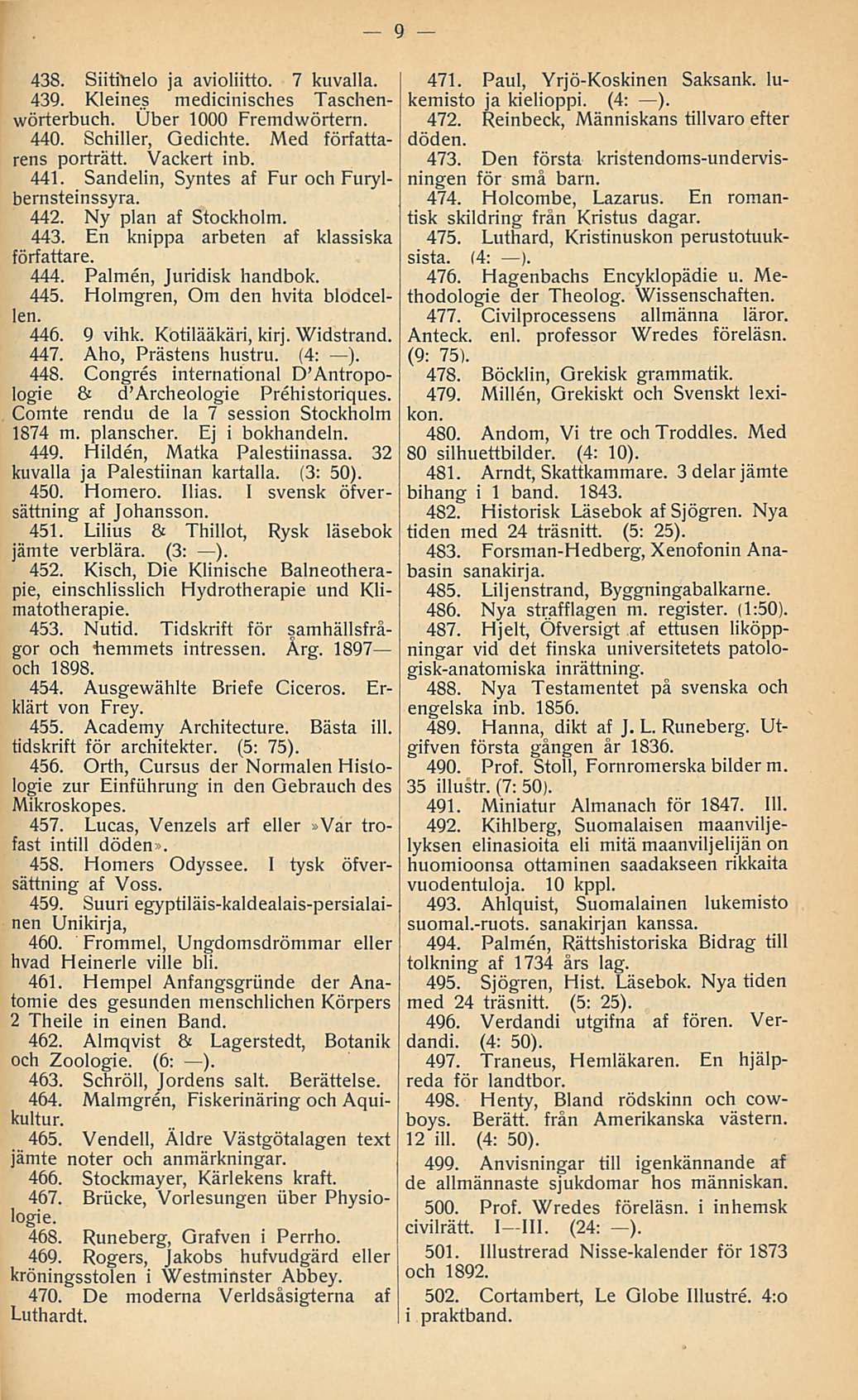 438. Siititielo ja avioliitto. 7 kuvalla. 439. Kleines medicinisches Taschenwörterbuch. Über 1000 Fremdwörtern. 440. Schiller, Gedichte. Med författarens porträtt. Vackert inb. 441.