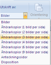 UTSKRIFTSLÄGEN I PowerPoint finns möjligheten att göra flera olika typer av utskrifter, normal, Anteckningssidor för föreläsaren, Åhörarkopior för åhörarna mfl.