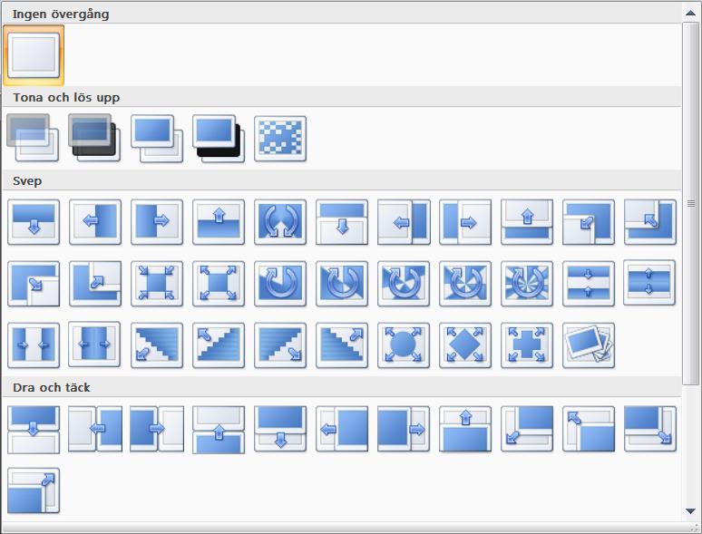 ANIMERING I PowerPoint används främst två olika typer av effekter, bildövergångar och objektsanimering. I den här delen ska vi ta greppet om dessa effekter och få liv i vår presentation.