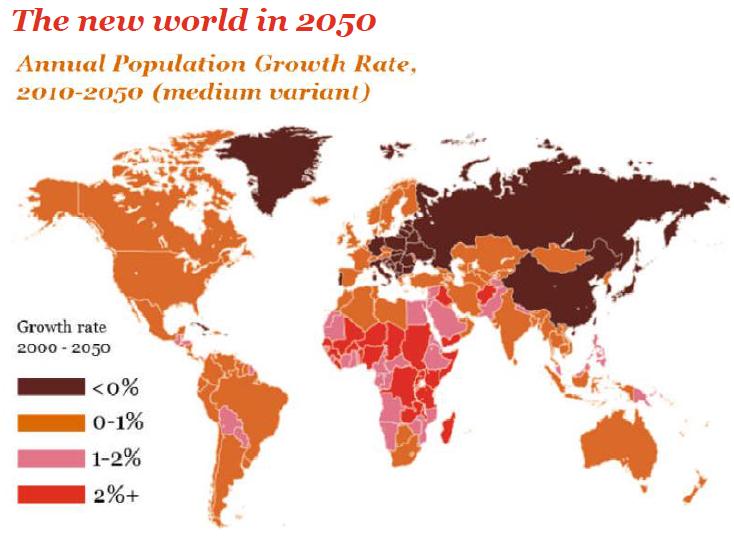 En ökande världsbefolkning leder till ökad efterfrågan på energi, vatten och mat Befolkningstillväxten på tillväxtmarknader i kombination med nedgångar i den utvecklade världen leder till