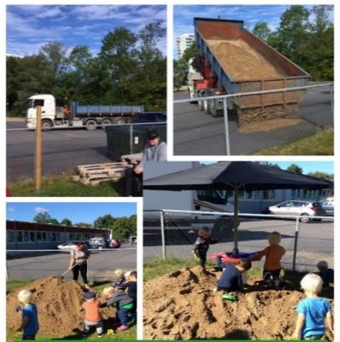 Till vår nya gård önskade vi oss sand som vi kunde bygga och skapa. Sanden kom och levererades av en stor lastbil.
