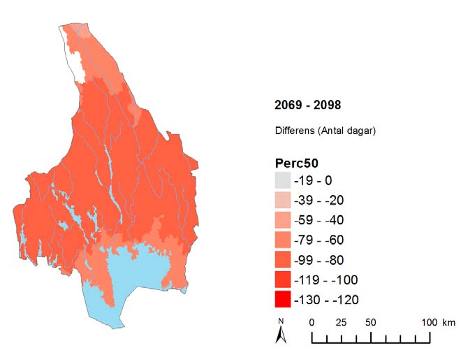 Figur 5.4-5. Förändring av antalet dagar med snötäcke (> 5 mm vatteninnehåll) per år i Värmlands län beräknat för perioden 2021-2050.